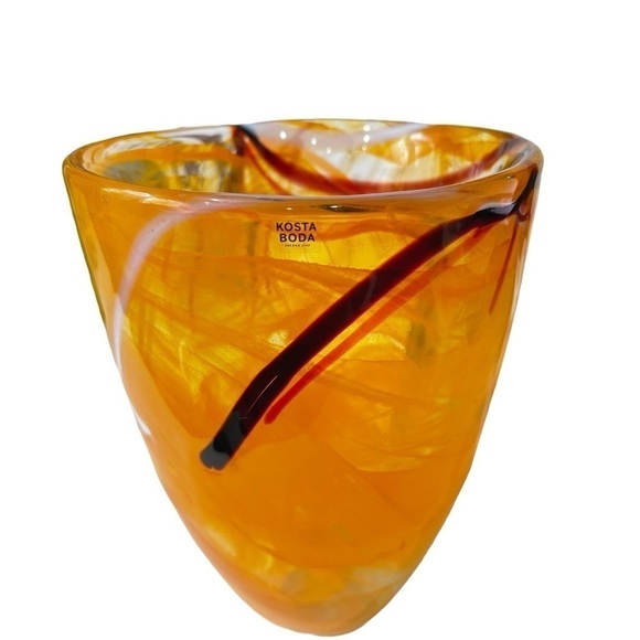 Kosta Boda Orange Swirl contrast abstract Art Glass vase Anna Ehrner Sweden 8 in - Picture 1 of 5
